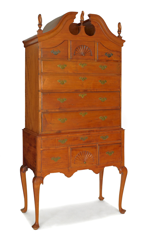New England Queen Anne bonnet top maple highboy, circa 1760, 81 1/2 inches high. Image courtesy Pook & Pook Inc.   
